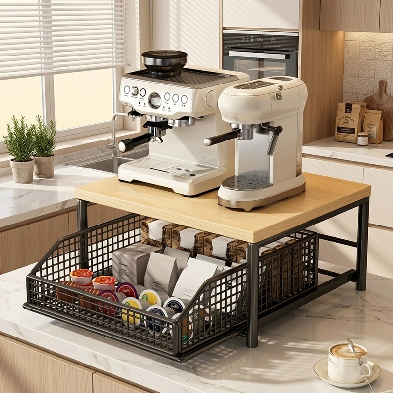 Commercial Kitchen Shelving - Modern Microwave Oven Rack, Solid Wood
